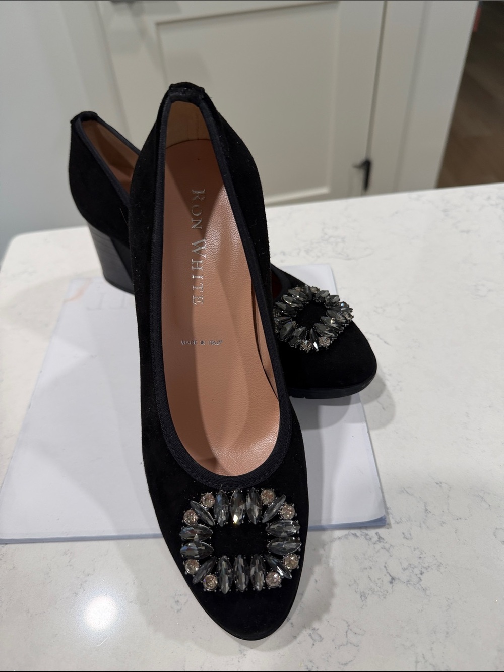 Black Jeweled Block Heel Pumps by Ron White